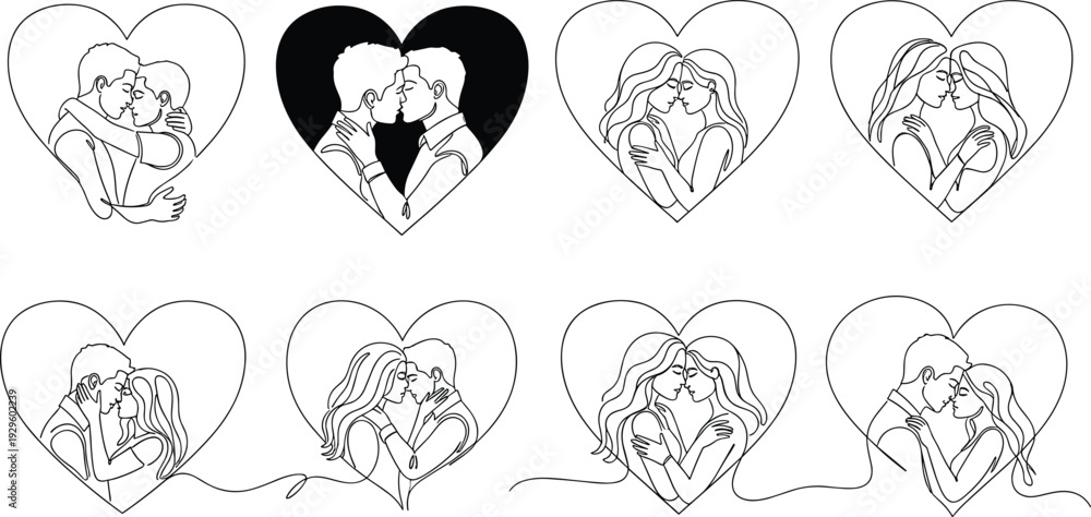 Fototapeta premium Minimalist Line Art Vector Collection of Diverse Couples Embracing Inside Heart Shapes for Wedding Invitations Romantic Branding and Valentines Day Graphics
