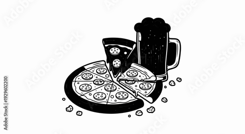 A stylized black and white illustration shows a pizza with multiple slices and a mug of frothy beer