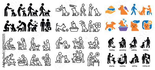 People caring for dogs and pets icons