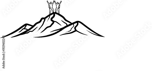 Two figures stand triumphantly atop a stylized mountain peak with arms raised