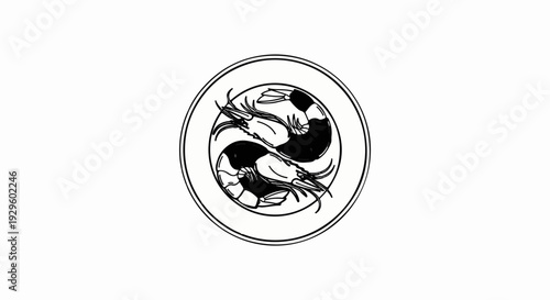 Black and white yin-yang symbol with two shrimps curled inside a circular border