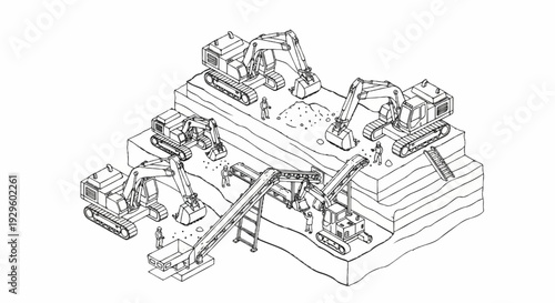 Excavation scene with multiple diggers, conveyors, and workers on layered terrain