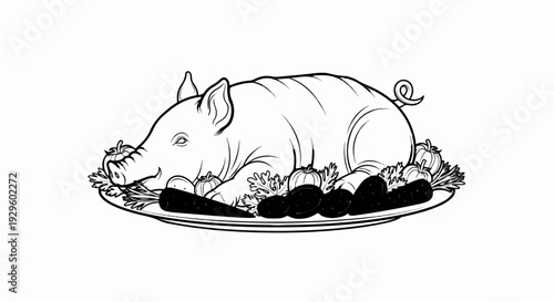 Whole roasted pig served with carrots, potatoes, and pumpkins on a platter