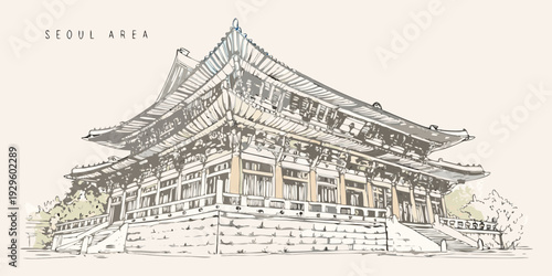 Detailed sketch of a traditional korean temple in the seoul area