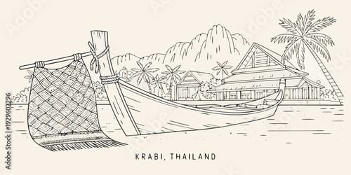 A detailed line drawing depicts a tropical beach scene in Krabi Thailand