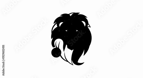 Black silhouette of a lion's head with a textured mane and a round element