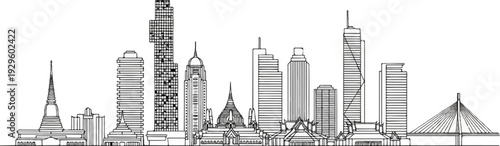 Stylized line drawing of a city skyline with modern skyscrapers and traditional temples