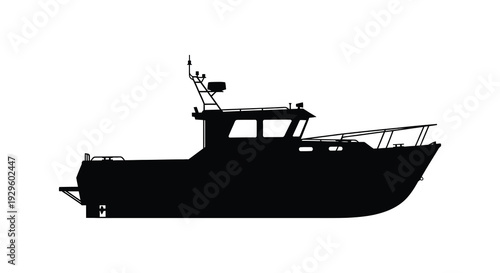 A striking black silhouette depicts a fishing boat with a cabin and tower showcasing maritime transport silhouette high quality