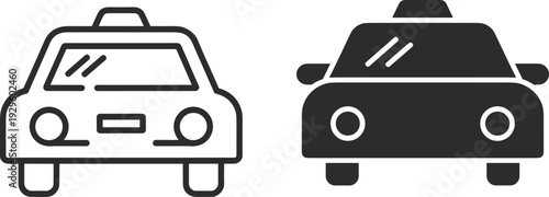 Stylized taxi car icons, transportation design concept with front view vehicles, graphic illustration for travel, mobility, urban transport, and service projects