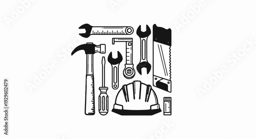 A collection of black and white illustrations of construction tools and safety equipment