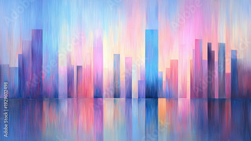 Wallpaper Mural Abstract oil painting featuring vibrant city skyline with colorful vertical shapes reflecting on water, evoking sense of tranquility and beauty Torontodigital.ca