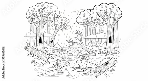 A whimsical forest scene depicts a stream flowing, with fallen trees and raindrops