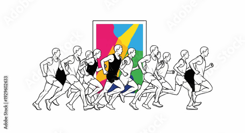 Diverse runners in sync, a vibrant splash of color behind them