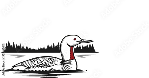 Bird with red neck swims in water before dark pine trees
