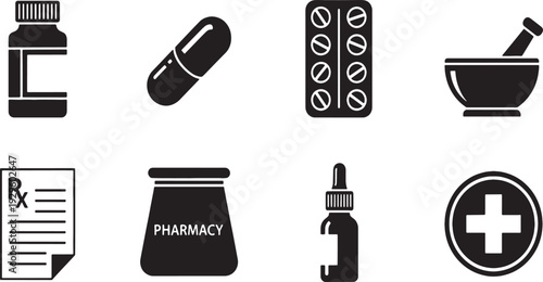 Pharmacy and medical including prescription bottle pill blister pack mortar and pestle dropper bottle and medical cross