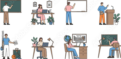 Teacher, and, student, education, set, vector, illustration, classroom, learning, university, school, professor, study, at, desk, online, lecture, chalkboard, laptop, character, collection, isolated