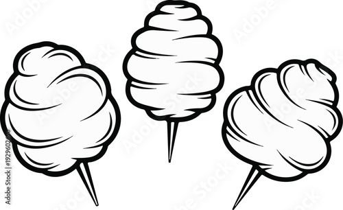 Three fluffy cotton candy treats on sticks, depicted in a simple black and white outline style