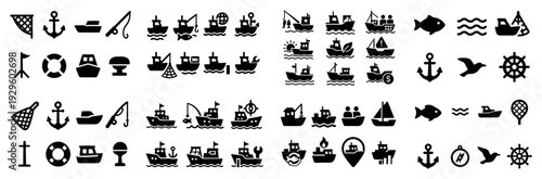 Nautical marine and boat icons in black
