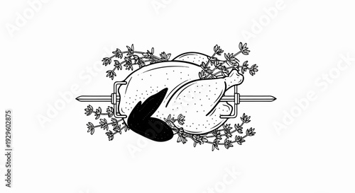 A rotisserie chicken on a spit, garnished with herbs, in a line art style