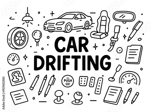 Car drifting themed automotive doodle illustrations