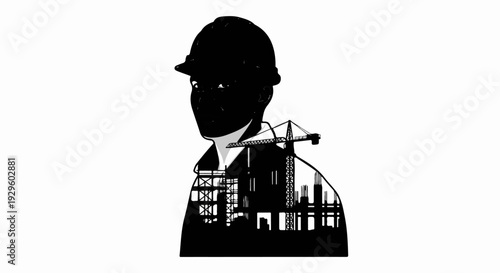 Silhouette of construction worker overlaid with cityscape and crane