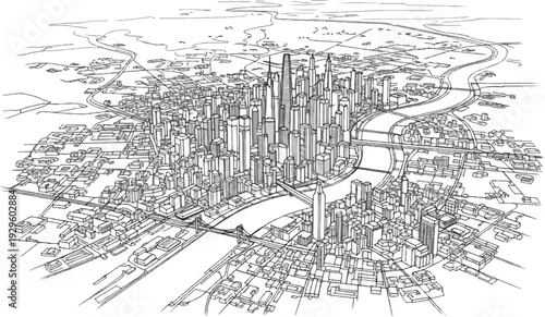 Aerial view sketch of a sprawling metropolis with skyscrapers and a winding river