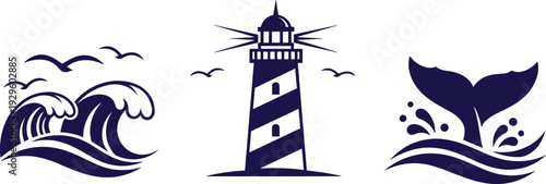 Nautical Vector Collection Featuring a Lighthouse Ocean Waves and Whale Tail Silhouette for Marine Branding Coastal Decor and Summer Sailing Graphics