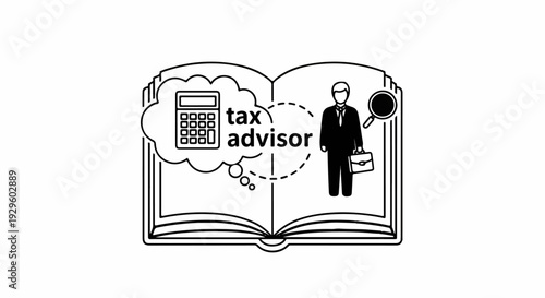 An open book displays a calculator and 'tax advisor' thought bubble, a man with briefcase and magnifying glass
