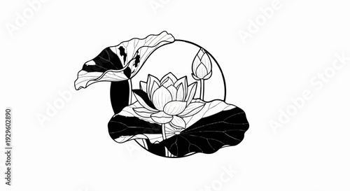 Black and white illustration of lotus flowers and leaves within a circular frame