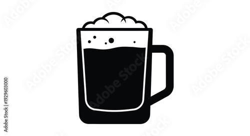 A stark black graphic depicts a full mug of dark liquid with frothy foam presenting a bold silhouette