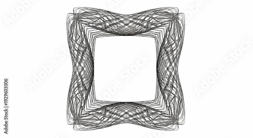 Intricate black line art forms a decorative rectangular frame with swirling, overlapping strands