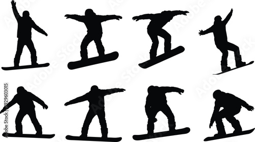 Set of black silhouettes of snowboarders in various action poses and jumps isolated on white background, representing winter sports, extreme boarding, and mountain adventure.
