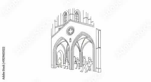 Figures walk through arched passageway of gothic architecture