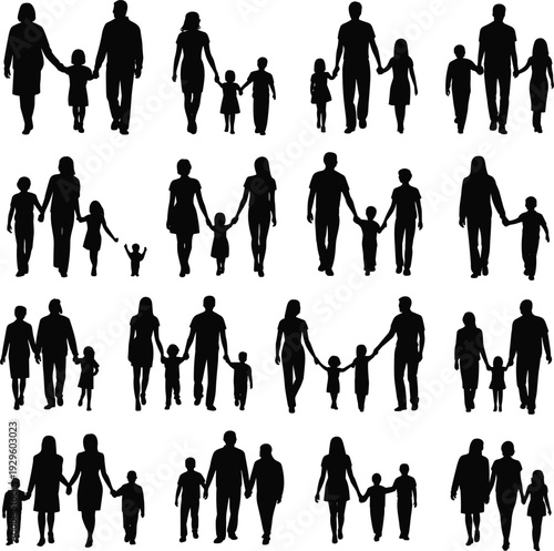 Large collection of black silhouettes featuring diverse happy families with parents and children walking hand in hand isolated on white background for lifestyle concept