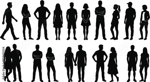 Collection of diverse men and women silhouettes standing in various poses isolated on white background, modern people shadow set for design and branding