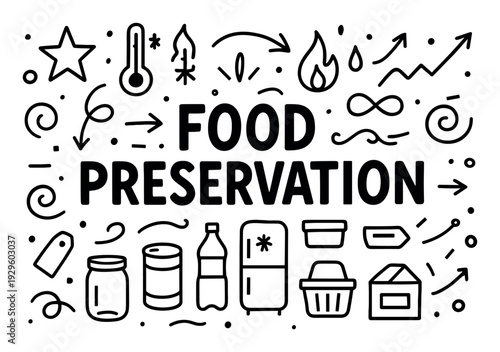 Food preservation icons with jar fridge bottle doodle