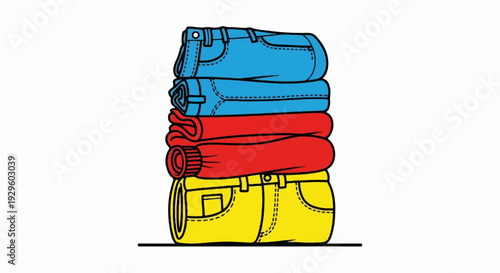 Stack of colorful folded clothes, including jeans and sweaters