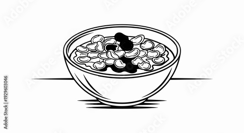 A black and white line drawing depicts a bowl of cereal with dark berries and milk