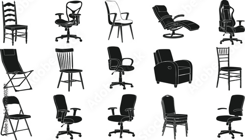 Chair collection silhouette set, office armchair folding and dining seating furniture vector illustration isolated on white background