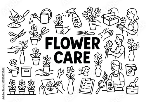 Flower care gardening tools and plant icons