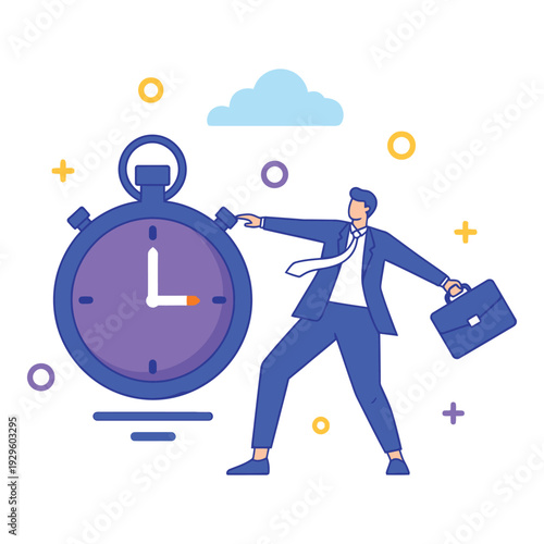 Cartoon businessman in blue suit rushing with briefcase and large stopwatch  time management icon