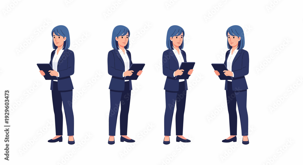Obraz premium Four illustrations of a professional business woman in a dark suit holding a digital tablet.