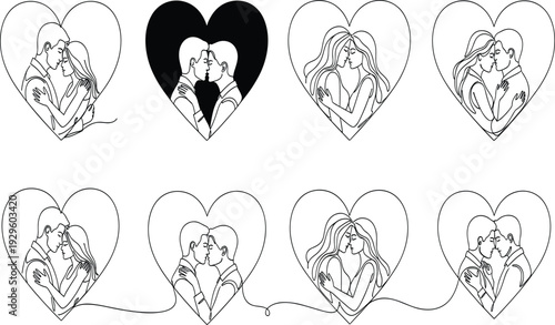 Romantic Minimalist Line Art Collection of Diverse Couples Kissing Inside Hearts for Valentines Day Wedding Invitations and LGBTQ Inclusive Design Vectors