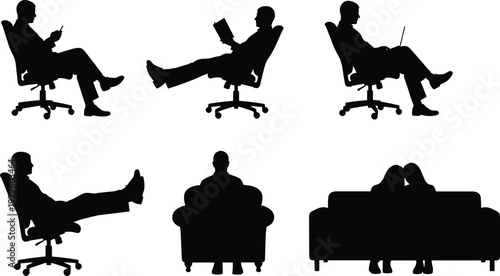 People sitting and relaxing in chairs silhouette set, men reading and working on laptop, cad drawing flat vector illustration