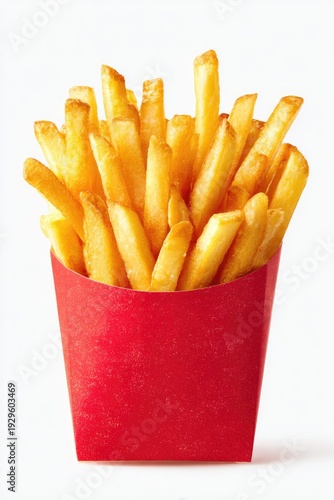 Crisp, golden-brown fried potato sticks served in a red paper carton