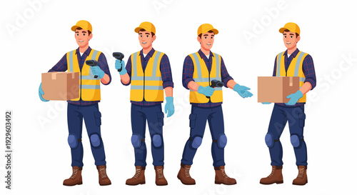 Four male logistics workers in uniform with safety vests, holding boxes and barcode scanners, ready for delivery or warehouse tasks.