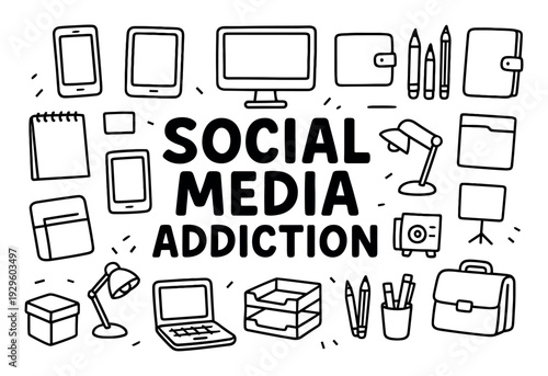 Hand drawn devices surrounding social media addiction phrase