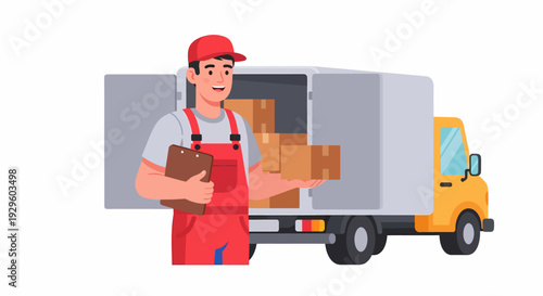 Smiling delivery man in red uniform holding a clipboard and box next to a yellow delivery truck with open cargo area.