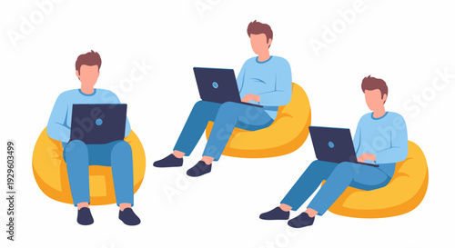 Three cartoon men in blue shirts and jeans sitting on yellow bean bags, each working on a laptop in various relaxed positions.