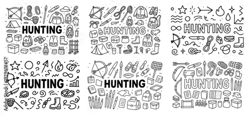 Hand drawn hunting and camping doodle panels